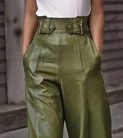 Flared Leg Pants For Women High-waist Bell Bottoms Faux Leather Trousers Elegant High Waist Pockets Casual Bottoms For Work