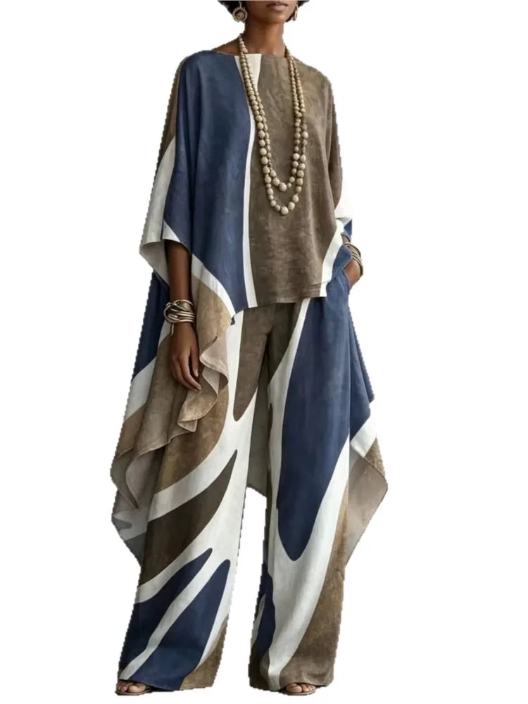 Women 2 Piece Outfit Set Print Top & Wide Leg Pants Loose Casual Ladies Boho Matching Suit Autumn Fashion Elegant Sets New