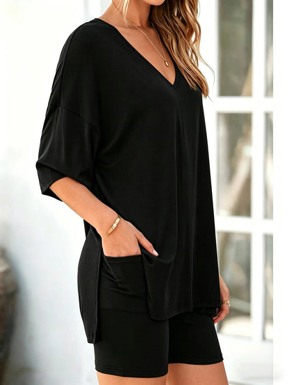 Women's loungewear set, casual short sleeve top + shorts, wear-at-home & outwear pajamas