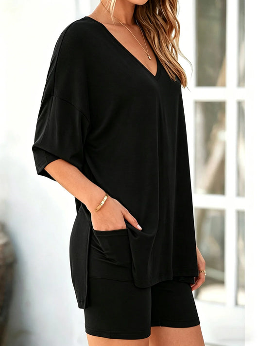 Women's loungewear set, casual short sleeve top + shorts, wear-at-home & outwear pajamas