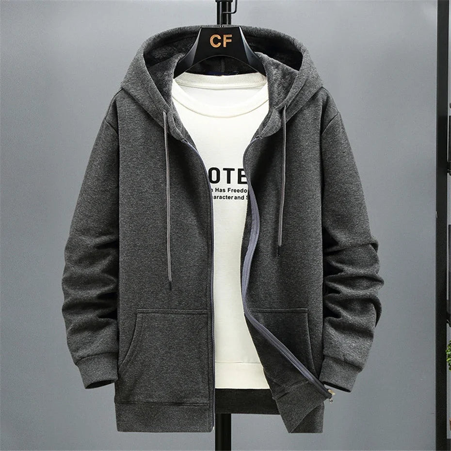 Fleece Hoodies Men 10XL 12XL Plus Size Solid Color Zippered Hoodie Jacket Big Size 12XL Fashion Casual Hoodies Blue Black Grey