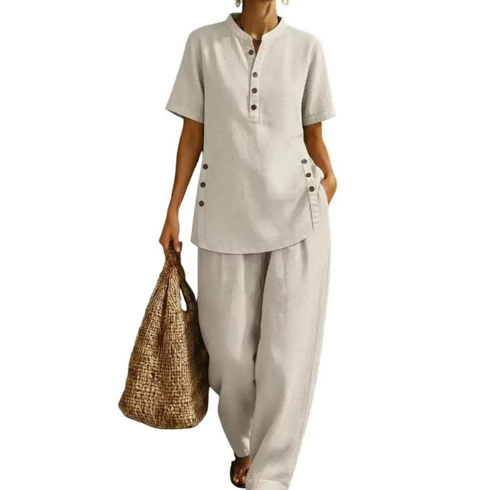 Women's 2 Piece Linen Sets Loose Fit Summer Clothes Short Sleeve Matching Outfits, Summer Casual Lounge Sets with Pockets