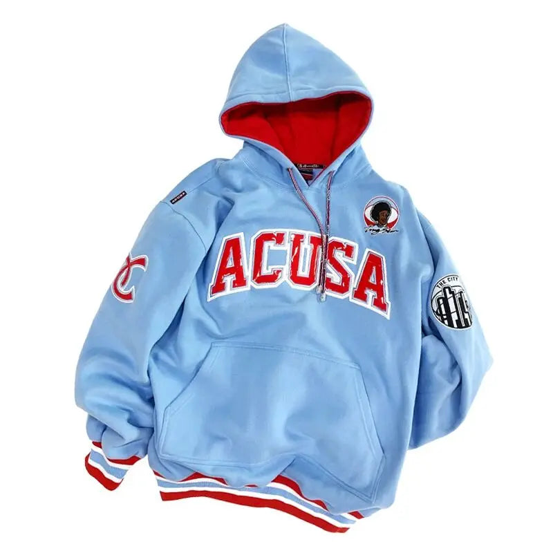 ACUSA Fleece Lined Hoodie Hip Hop Sweatshirt Embroidered Oversized Style Multicolor Men's Casual Wear for Autumn And Winter