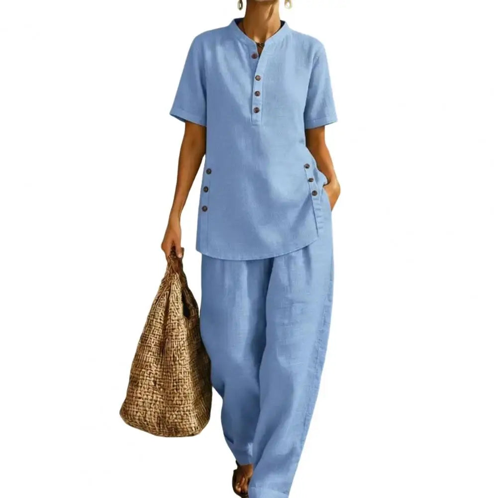 Women's 2 Piece Linen Sets Loose Fit Summer Clothes Short Sleeve Matching Outfits, Summer Casual Lounge Sets with Pockets