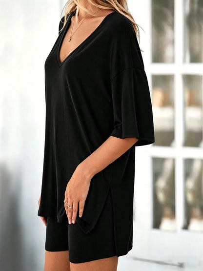Women's loungewear set, casual short sleeve top + shorts, wear-at-home & outwear pajamas