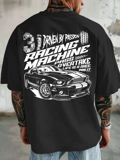 Men Oversized T-Shirt Mustang Racing Car Back Print Tee Racing Machine Streetwear Unisex Pink Summer Short Sleeve Top
