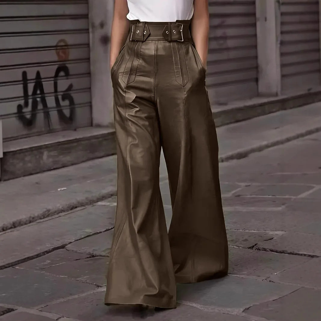 Flared Leg Pants For Women High-waist Bell Bottoms Faux Leather Trousers Elegant High Waist Pockets Casual Bottoms For Work