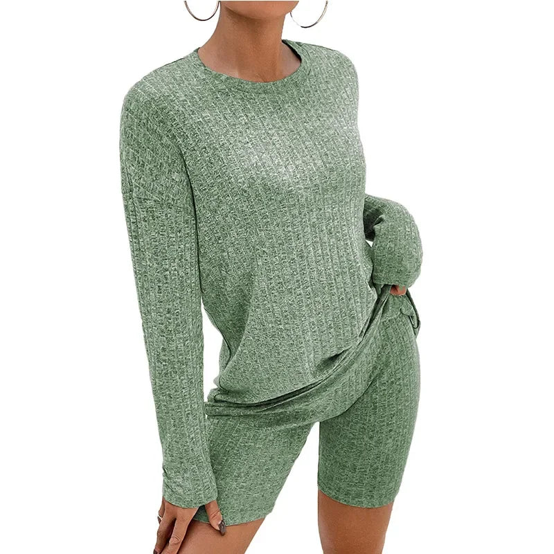 2026 Women's Casual Pajamas Lounge Sets Ribbed Knit Matching Outfits Long Sleeve Biker Shorts Set Sleepwear Loungewear for Women