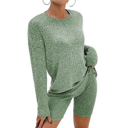 2026 Women's Casual Pajamas Lounge Sets Ribbed Knit Matching Outfits Long Sleeve Biker Shorts Set Sleepwear Loungewear for Women