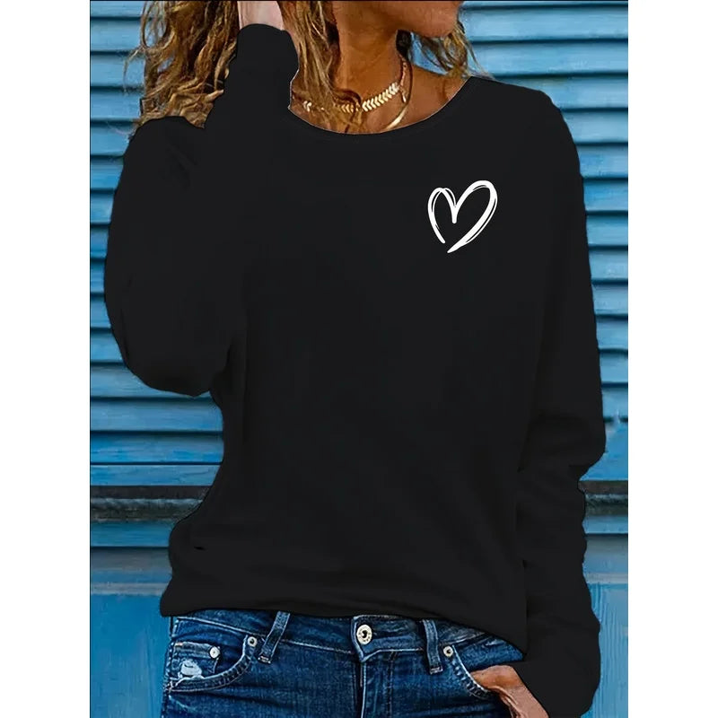 [ T-Shirt]  Oversized Long-Sleeve T-Shirt for Women - Black with White Heart Design - Relaxed Round Neckline - Moderate Stretch