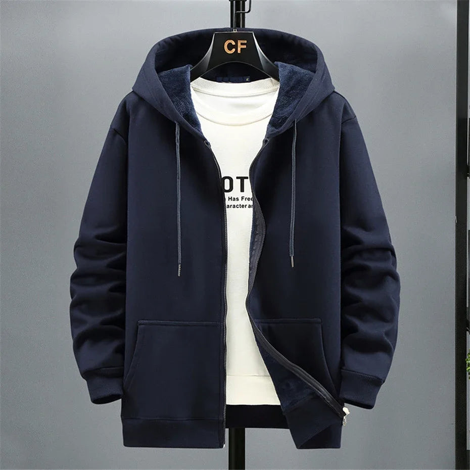Fleece Hoodies Men 10XL 12XL Plus Size Solid Color Zippered Hoodie Jacket Big Size 12XL Fashion Casual Hoodies Blue Black Grey