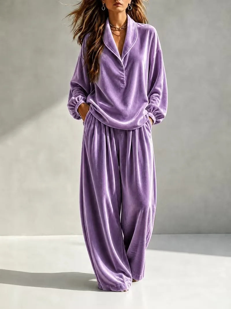 MsChuh Women's Matching Sets Velvet Lapel Two Piece Outfit Long Sleeve Top Wide Leg Pants Ropa Mujer Casual Daily Lounge Outfits