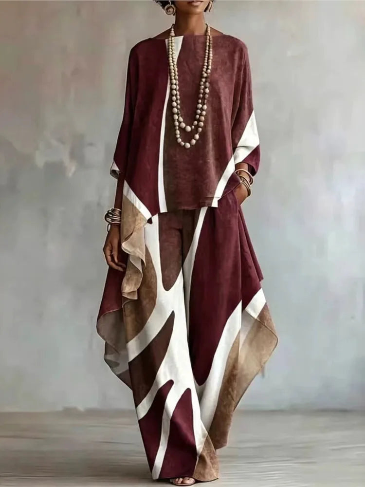 Women 2 Piece Outfit Set Print Top & Wide Leg Pants Loose Casual Ladies Boho Matching Suit Autumn Fashion Elegant Sets New