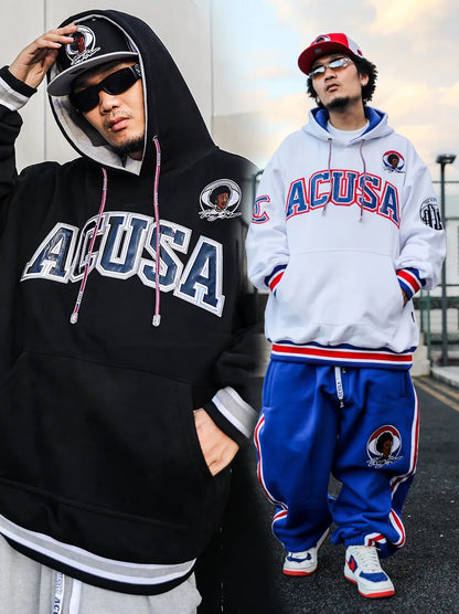 ACUSA Fleece Lined Hoodie Hip Hop Sweatshirt Embroidered Oversized Style Multicolor Men's Casual Wear for Autumn And Winter