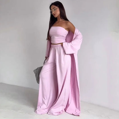 Women 3 Piece Lounge Set Tube Crop Top Long Cardigan High Waist Wide Leg Pants Casual Vacation Outfit Summer Set