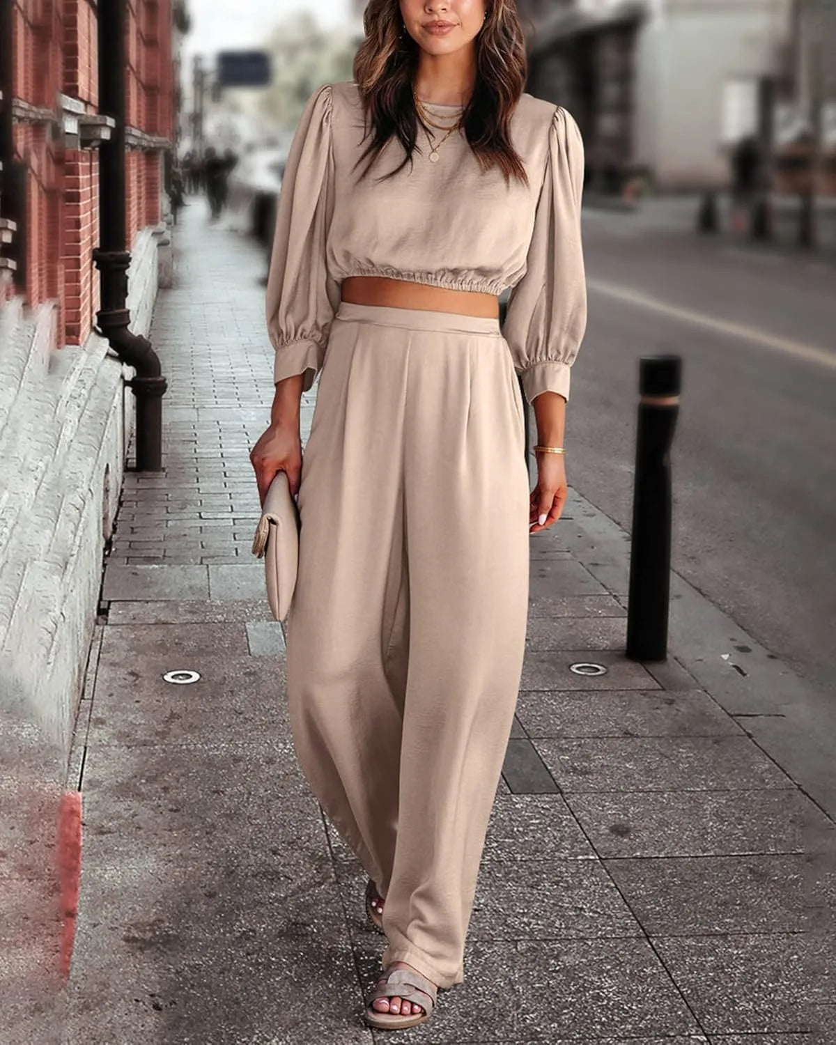 Women's 2 Piece Lounge Set Satin Outfits Fall Casual Long Puff Sleeve Crop Tops Loose Wide Long Pants