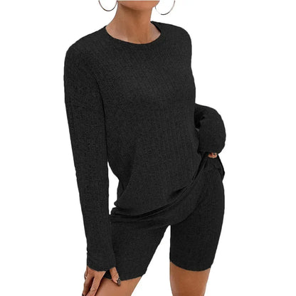2026 Women's Casual Pajamas Lounge Sets Ribbed Knit Matching Outfits Long Sleeve Biker Shorts Set Sleepwear Loungewear for Women