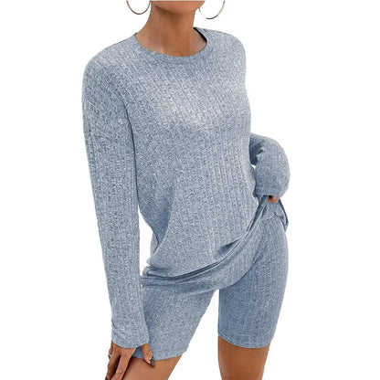 2026 Women's Casual Pajamas Lounge Sets Ribbed Knit Matching Outfits Long Sleeve Biker Shorts Set Sleepwear Loungewear for Women
