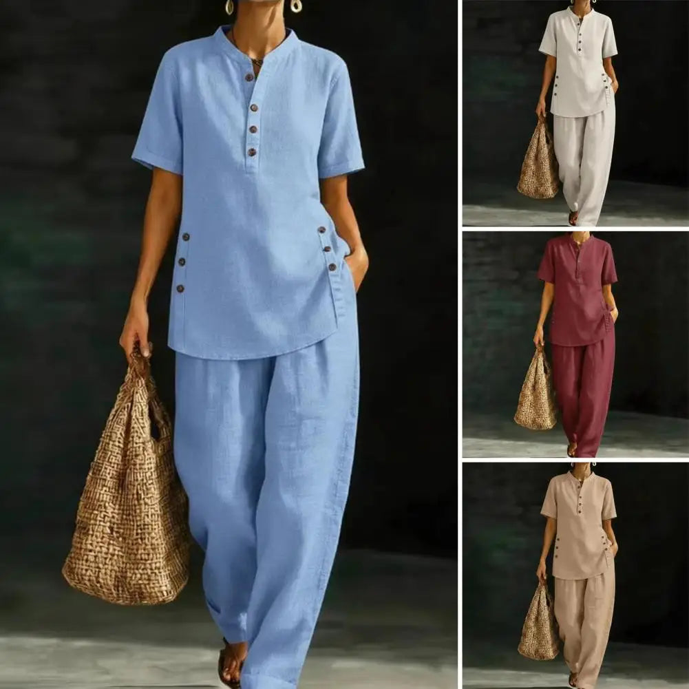 Women's 2 Piece Linen Sets Loose Fit Summer Clothes Short Sleeve Matching Outfits, Summer Casual Lounge Sets with Pockets