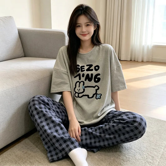 Women Print Loungewear Set, Short Sleeve Graphic T-Shirt and Plaid Wide Leg Pants, Casual Home Wear