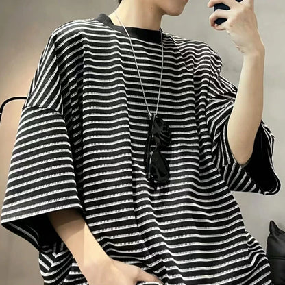 Oversized Striped T-shirt Men Summer Loose Casual Wind Breathable Half Sleeves Tee Tops Man Korean Fashion Streetwear Shirts Men