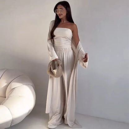 Women 3 Piece Lounge Set Tube Crop Top Long Cardigan High Waist Wide Leg Pants Casual Vacation Outfit Summer Set