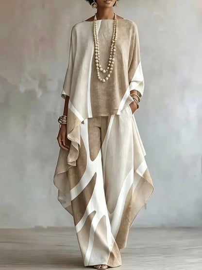 Women 2 Piece Outfit Set Print Top & Wide Leg Pants Loose Casual Ladies Boho Matching Suit Autumn Fashion Elegant Sets New