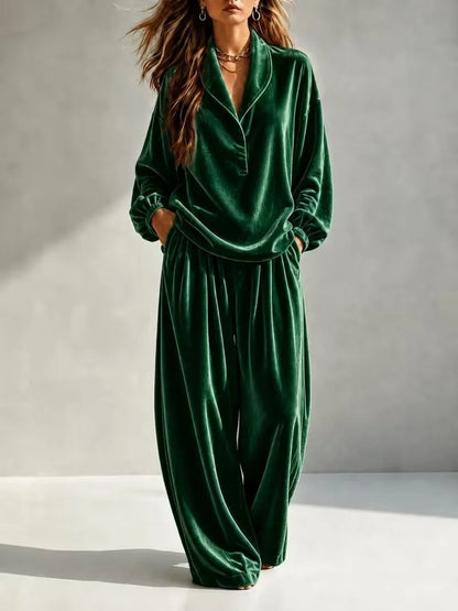MsChuh Women's Matching Sets Velvet Lapel Two Piece Outfit Long Sleeve Top Wide Leg Pants Ropa Mujer Casual Daily Lounge Outfits