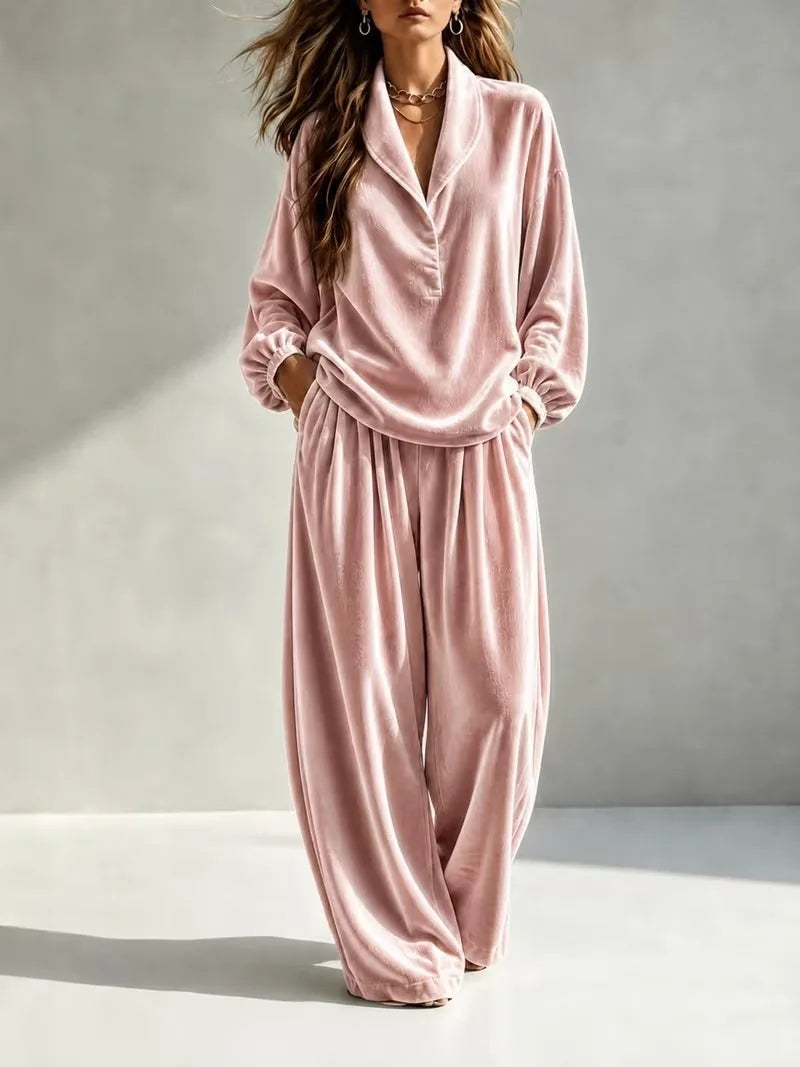 MsChuh Women's Matching Sets Velvet Lapel Two Piece Outfit Long Sleeve Top Wide Leg Pants Ropa Mujer Casual Daily Lounge Outfits