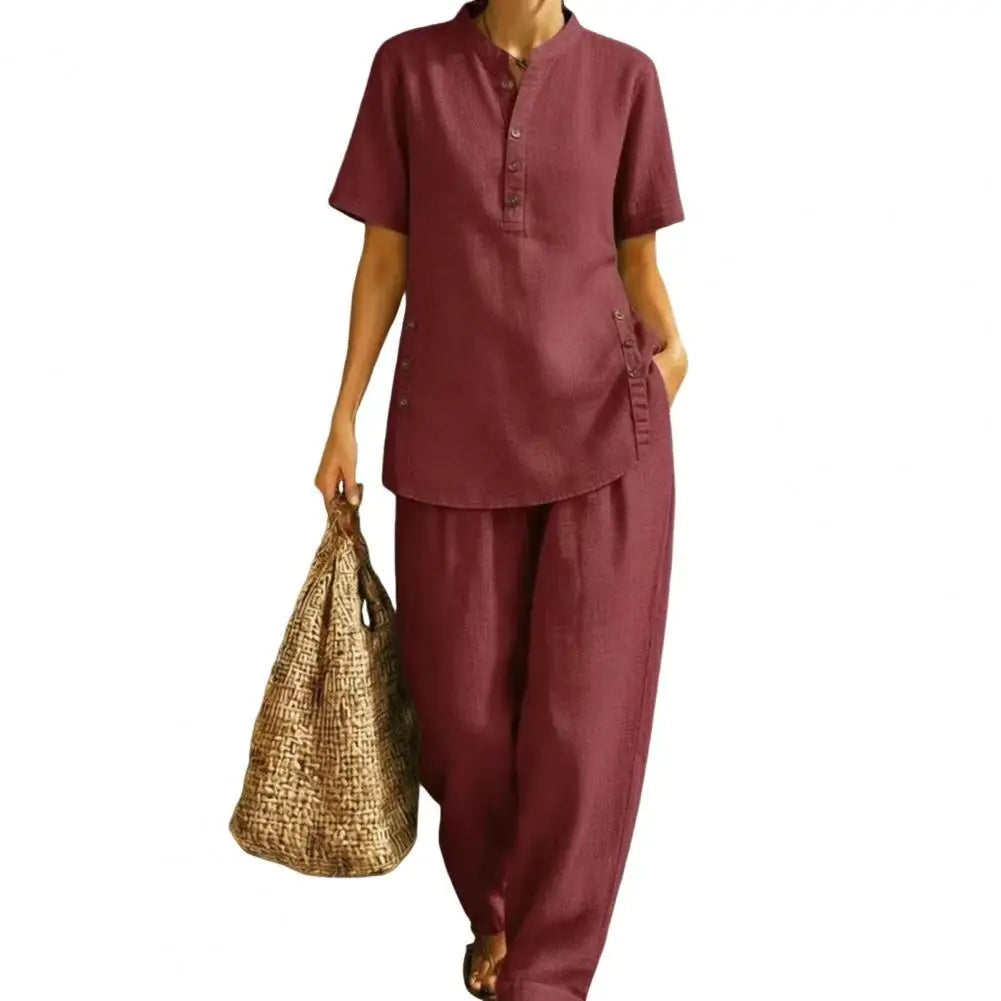 Women's 2 Piece Linen Sets Loose Fit Summer Clothes Short Sleeve Matching Outfits, Summer Casual Lounge Sets with Pockets