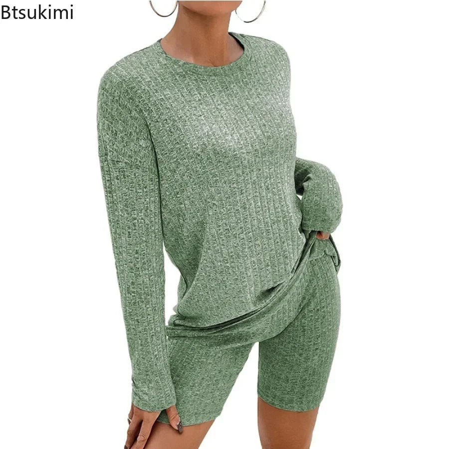 2026 Women's Casual Pajamas Lounge Sets Ribbed Knit Matching Outfits Long Sleeve Biker Shorts Set Sleepwear Loungewear for Women