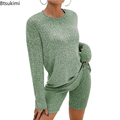 2026 Women's Casual Pajamas Lounge Sets Ribbed Knit Matching Outfits Long Sleeve Biker Shorts Set Sleepwear Loungewear for Women