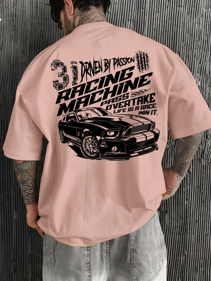 Men Oversized T-Shirt Mustang Racing Car Back Print Tee Racing Machine Streetwear Unisex Pink Summer Short Sleeve Top