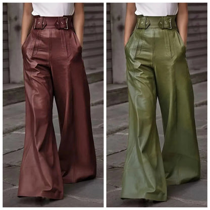 Flared Leg Pants For Women High-waist Bell Bottoms Faux Leather Trousers Elegant High Waist Pockets Casual Bottoms For Work