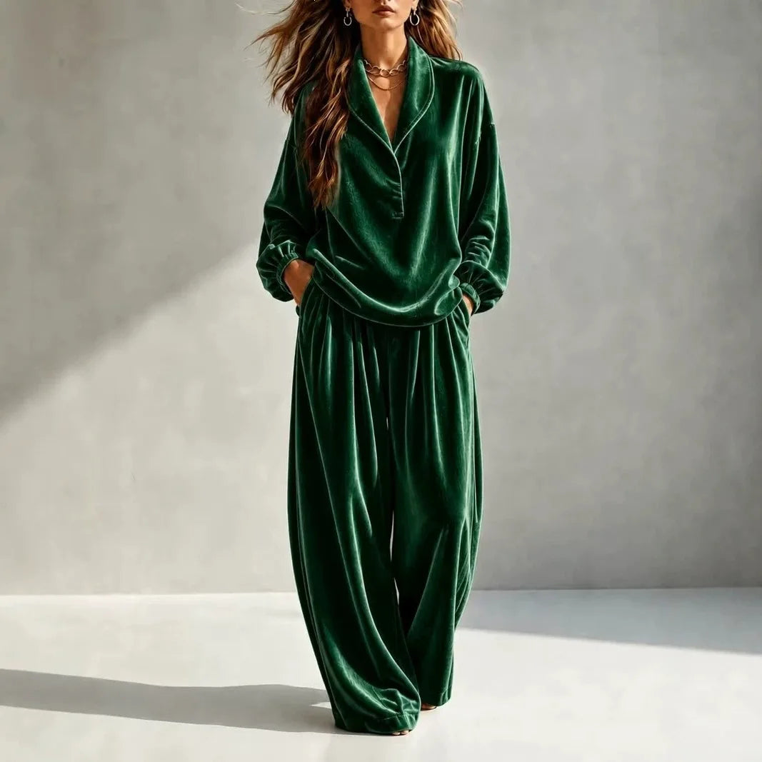 MsChuh Women's Matching Sets Velvet Lapel Two Piece Outfit Long Sleeve Top Wide Leg Pants Ropa Mujer Casual Daily Lounge Outfits