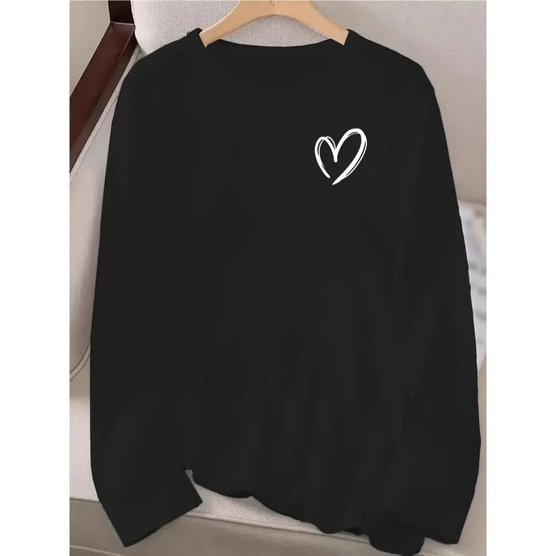 [ T-Shirt]  Oversized Long-Sleeve T-Shirt for Women - Black with White Heart Design - Relaxed Round Neckline - Moderate Stretch