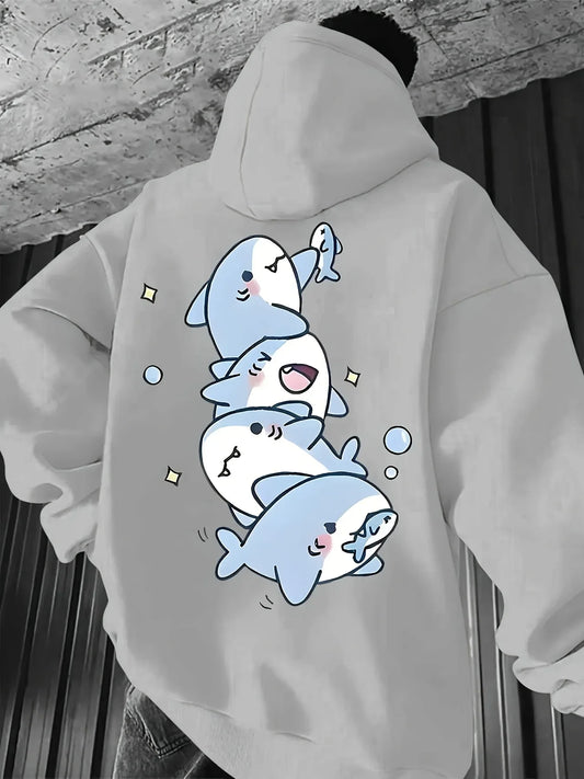 Oversized Warm Fleece Hoodie Men Cute Stacked Cartoon Shark Graphic Print Autumn Winter Loose Casual Pullover Sweatshirt