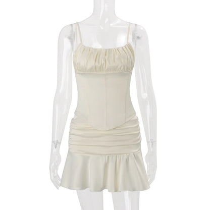 Elegant Women's Matching Sets Two Piece Outfits 2 Pieces Set For Woman French Slim Top Skirts Ruffles Solid Color Straps Pleated