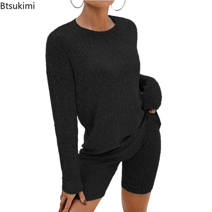 2026 Women's Casual Pajamas Lounge Sets Ribbed Knit Matching Outfits Long Sleeve Biker Shorts Set Sleepwear Loungewear for Women