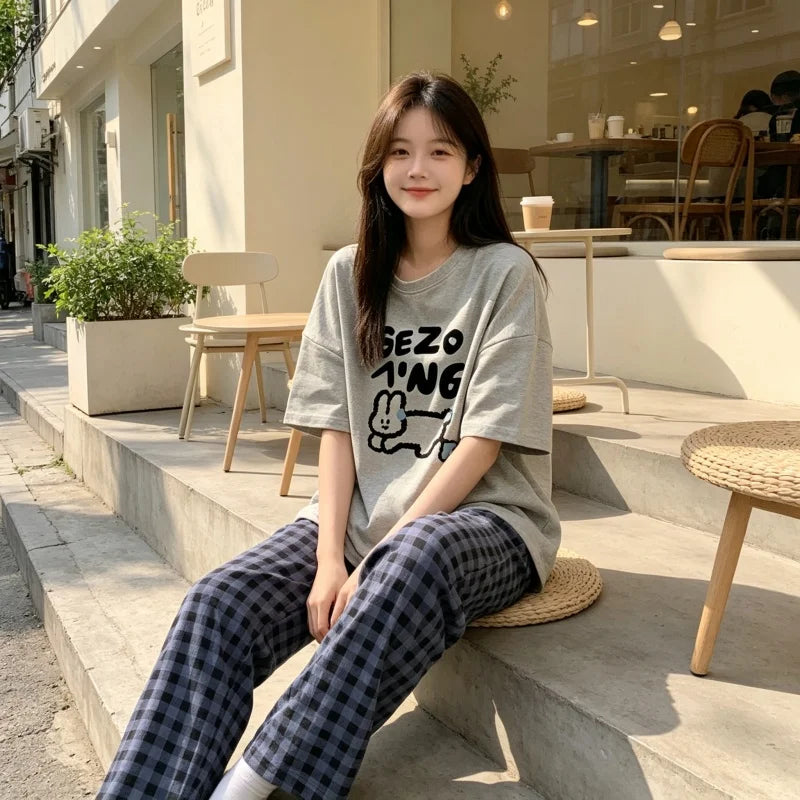 Women Print Loungewear Set, Short Sleeve Graphic T-Shirt and Plaid Wide Leg Pants, Casual Home Wear