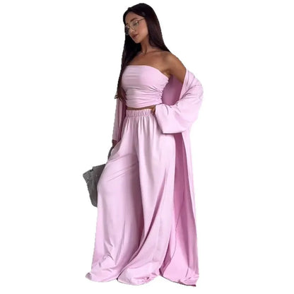 Women 3 Piece Lounge Set Tube Crop Top Long Cardigan High Waist Wide Leg Pants Casual Vacation Outfit Summer Set