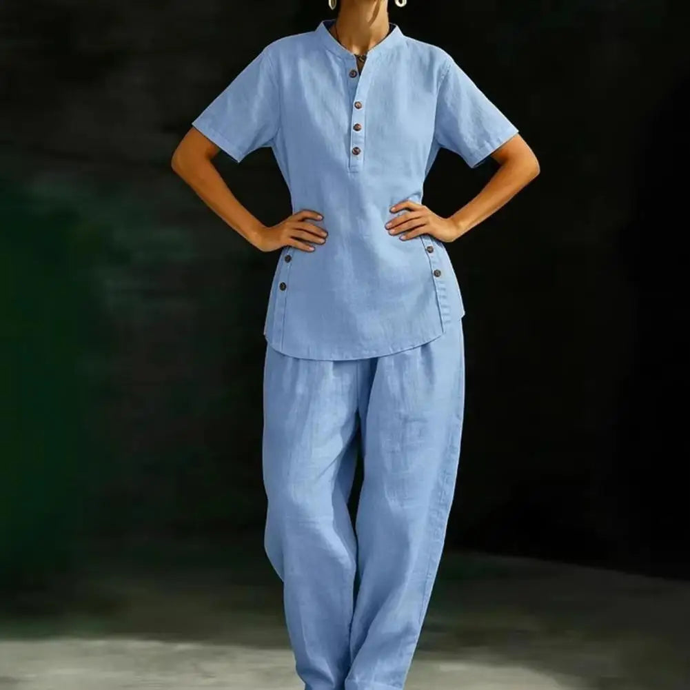 Women's 2 Piece Linen Sets Loose Fit Summer Clothes Short Sleeve Matching Outfits, Summer Casual Lounge Sets with Pockets