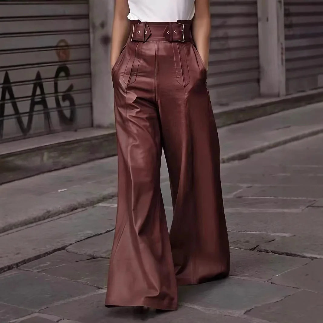 Flared Leg Pants For Women High-waist Bell Bottoms Faux Leather Trousers Elegant High Waist Pockets Casual Bottoms For Work