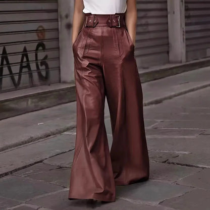 Flared Leg Pants For Women High-waist Bell Bottoms Faux Leather Trousers Elegant High Waist Pockets Casual Bottoms For Work
