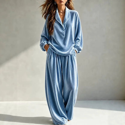 MsChuh Women's Matching Sets Velvet Lapel Two Piece Outfit Long Sleeve Top Wide Leg Pants Ropa Mujer Casual Daily Lounge Outfits