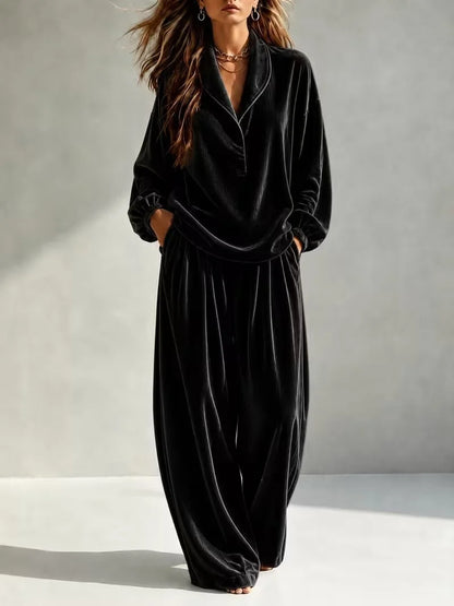 MsChuh Women's Matching Sets Velvet Lapel Two Piece Outfit Long Sleeve Top Wide Leg Pants Ropa Mujer Casual Daily Lounge Outfits