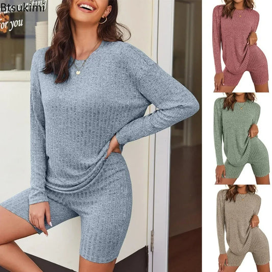 2026 Women's Casual Pajamas Lounge Sets Ribbed Knit Matching Outfits Long Sleeve Biker Shorts Set Sleepwear Loungewear for Women
