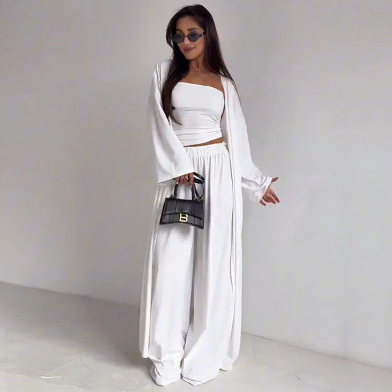 Women 3 Piece Lounge Set Tube Crop Top Long Cardigan High Waist Wide Leg Pants Casual Vacation Outfit Summer Set