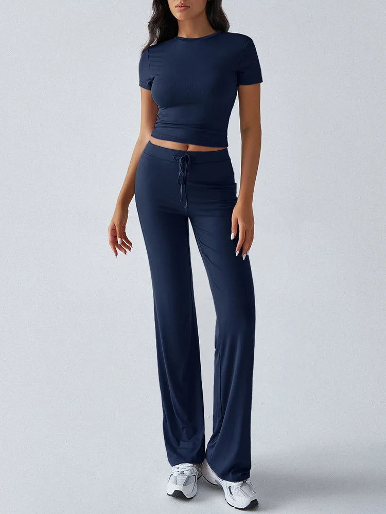 Women's Casual Lounge Set - Short Sleeve Top & Pants Two Piece, Home Wear Yoga Outfit