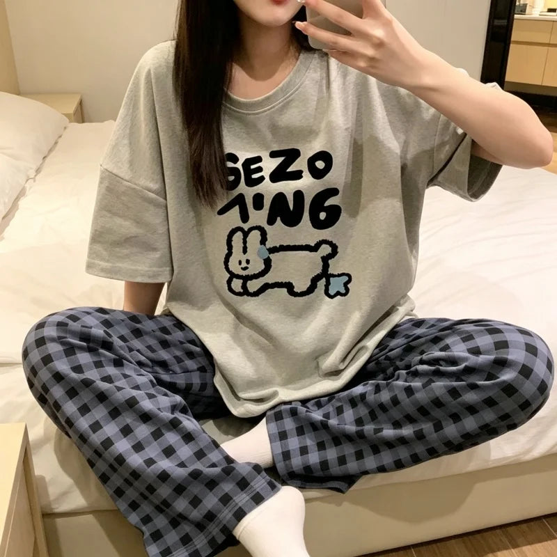 Women Print Loungewear Set, Short Sleeve Graphic T-Shirt and Plaid Wide Leg Pants, Casual Home Wear